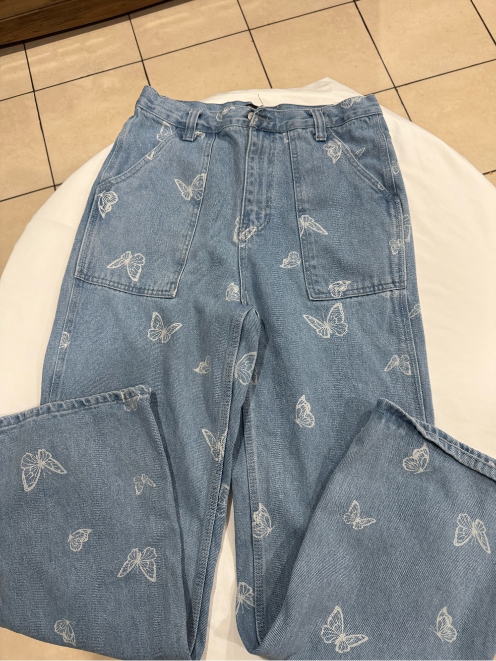 Light Blue Butterfly Print Wide-Leg Jeans